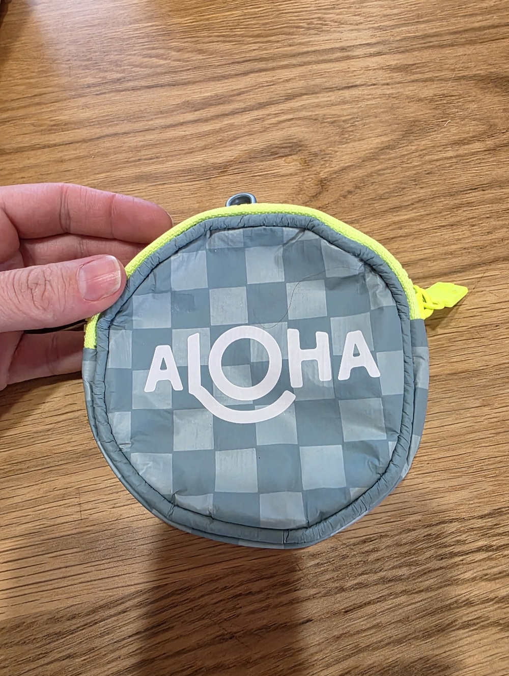 ALOHA Collection Round Checker Coin Pouch in Light Blue with Neon Yellow Trim